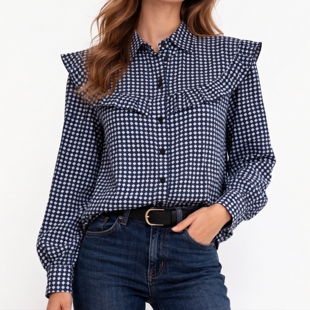 WHO WHAT WEAR Navy Geometric Floral Chest Ruffle Edwardian Castlecore Shirt